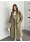Uzun düğmeli beli kuşaklı oversize astarlı trençkot yeşil