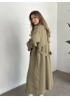 Uzun düğmeli beli kuşaklı oversize astarlı trençkot yeşil