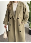 Uzun düğmeli beli kuşaklı oversize astarlı trençkot yeşil
