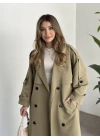 Uzun düğmeli beli kuşaklı oversize astarlı trençkot yeşil
