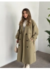 Uzun düğmeli beli kuşaklı oversize astarlı trençkot yeşil