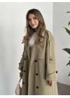 Uzun düğmeli beli kuşaklı oversize astarlı trençkot yeşil