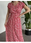 V Yaka beli lastikli Çiçekli Elbise kırmızı