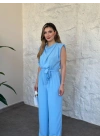 Vatkalı crep kumaş belden kuşaklı tulum bebek mavisi