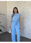 Vatkalı crep kumaş belden kuşaklı tulum bebek mavisi
