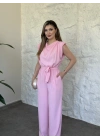 Vatkalı crep kumaş belden kuşaklı tulum pembe