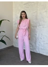 Vatkalı crep kumaş belden kuşaklı tulum pembe