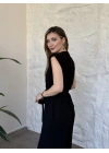 Vatkalı crep kumaş belden kuşaklı tulum siyah