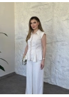 Volanlı çizgili gömlek takım krem
