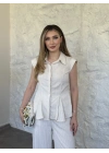 Volanlı çizgili gömlek takım krem