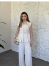 Volanlı çizgili gömlek takım krem