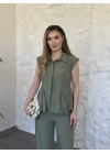 Volanlı çizgili gömlek takım yeşil