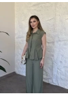 Volanlı çizgili gömlek takım yeşil