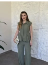 Volanlı çizgili gömlek takım yeşil