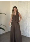 Yakalı ultra bol paça salaş takım kahve