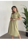 Yanı Çıt Çıtlı Terni Elbise Yağ Yeşili
