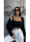 yumuşak tüylü askılı crop ve hırka siyah