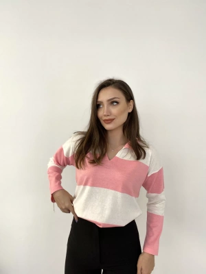 Çizgili Gömlek Yaka Kazak - Pembe