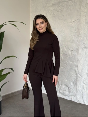 Asimetrik kesim scuba crep kumaş takım kahve