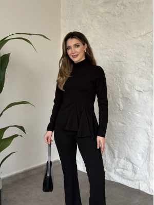 Asimetrik kesim scuba crep kumaş takım siyah