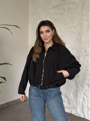 Premium kalite Torino kumaş beli kemerli trenç ceket siyah