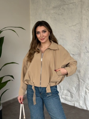 Premium kalite Torino kumaş beli kemerli trenç ceket bej