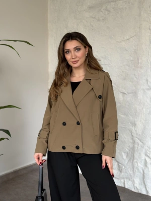 Premium kalite Torino kumaş kruvaze model kolları kemerli trenç yeşil