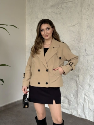 Premium kalite Torino kumaş kruvaze model kolları kemerli trenç bej