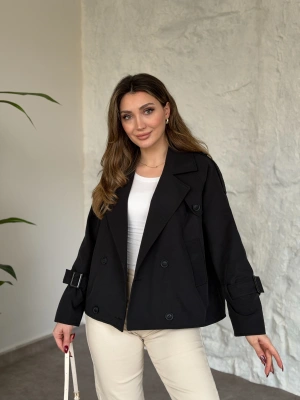 Premium kalite Torino kumaş kruvaze model kolları kemerli trenç siyah