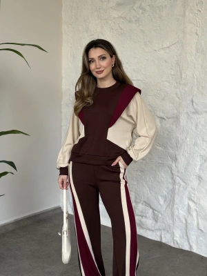 Vatkalı 3 renk eşofman takımı kahve