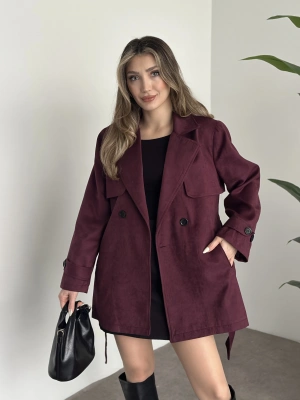 Ara boy belinden kuşaklı süet trençkot bordo