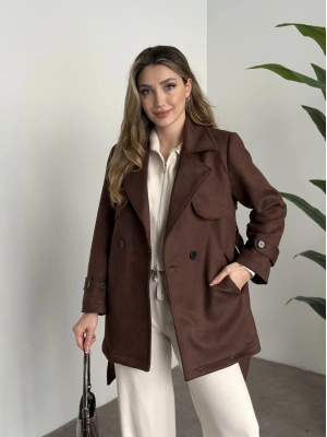 Ara boy belinden kuşaklı süet trençkot siyah