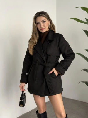 Ara boy belinden kuşaklı süet trençkot siyah