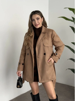 Ara boy belinden kuşaklı süet trençkot camel