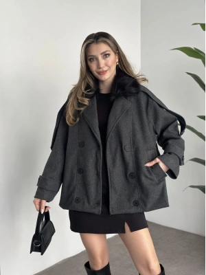 Ara boy bol kesim yakası kürk detaylı kaşe kaban antrasit