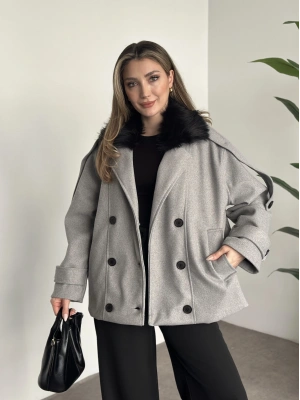 Ara boy bol kesim yakası kürk detaylı kaşe kaban gri