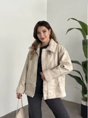 Ara boy dışı deri içi peluş mont taş