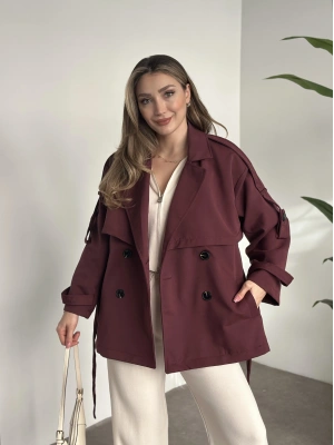 Ara boy düğmeli beli kuşaklı oversize astarlı trençkot bordo