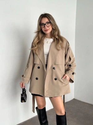 Ara boy düğmeli beli kuşaklı oversize astarlı trençkot bej ( ÜRÜN ÖN SİPARİŞTEDİR 8-12 İŞ GÜNÜ İÇERİSİNDE KARGOLANICAKTIR. ! ! )
