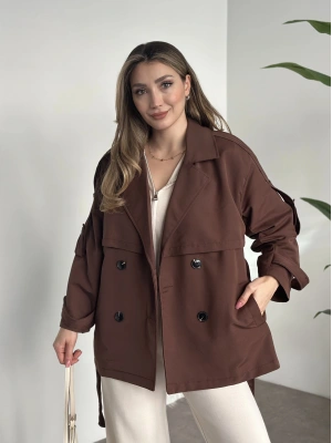 Ara boy düğmeli beli kuşaklı oversize astarlı trençkot kahve