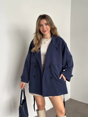 Ara boy düğmeli beli kuşaklı oversize astarlı trençkot lacivert