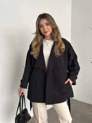 Ara boy düğmeli beli kuşaklı oversize astarlı trençkot siyah