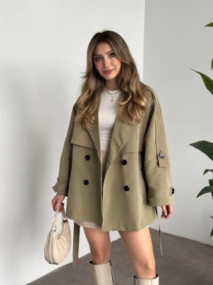 Ara boy düğmeli beli kuşaklı oversize astarlı trençkot yeşil
