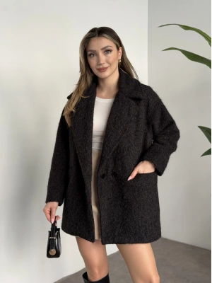 Ara boy düğmeli saçaklı kaşe kaban antrasit