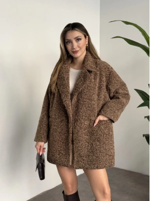 Ara boy düğmeli saçaklı kaşe kaban kahve