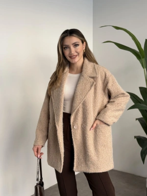 Ara boy düğmeli saçaklı kaşe kaban taş