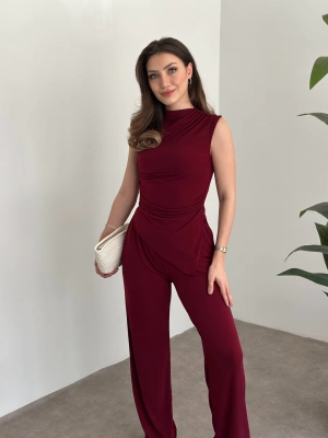 Asimetrik kesim ithal sandy kumaş takım bordo