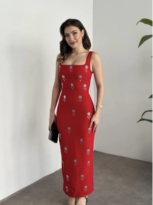 Askılı boncuk detaylı kalem elbise kırmızı