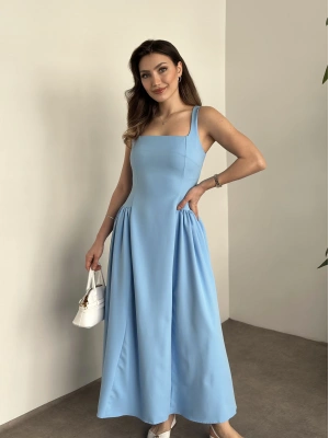 Askılı yanları piliseli midi boy elbise bebek mavisi