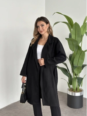 Astarsiz kaşe uzun trenç siyah